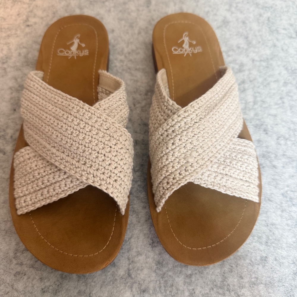 Corkys Crochet Cross Strap Slide Sandals Women 9 Cream Boho Casual Shoes